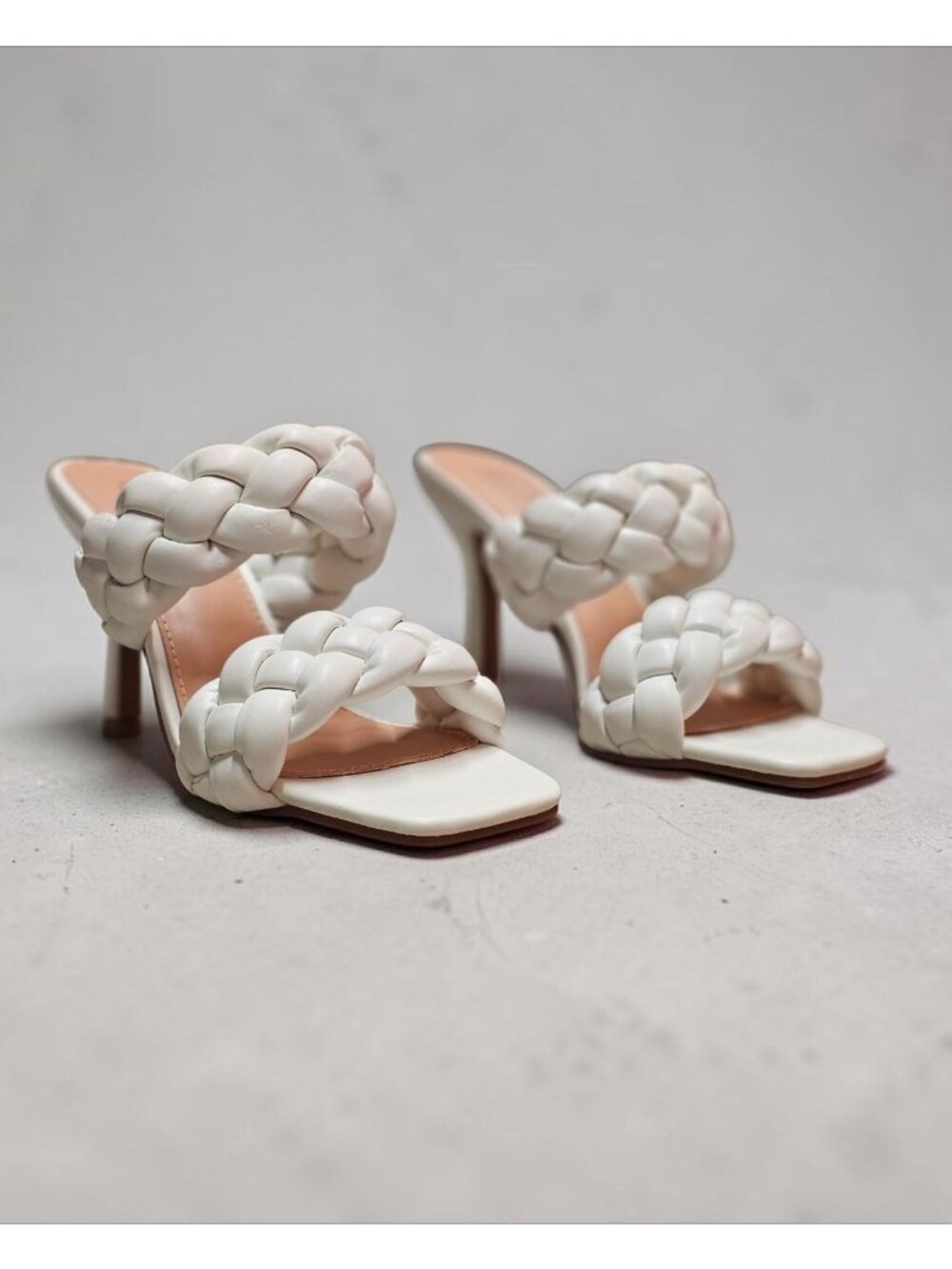 White Braided Heeled Sandals With Square Toe & Slip-On Style - Picture 7 of 12